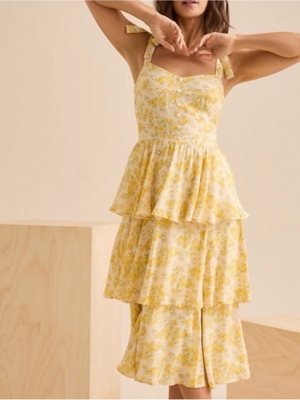 Altar'd State Yellow Floral Tie-Shoulder Ruffle Maxi Dress/ medium